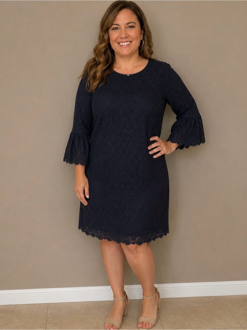 Lafayette 148 New York Navy Lace Bell-Sleeve Midi Dress